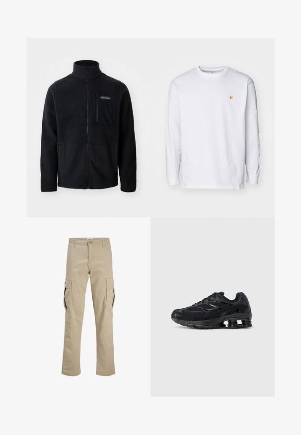 Schwarze Fleecejacke mit hohem Kragen, durchgehendem Reißverschluss und einer Reißverschlusstasche auf der Brust. Strukturiertes, weiches Material mit minimalen Nähten.; Weißes Langarm-T-Shirt aus Baumwolle. Mit kleinem goldenem Logo auf der Brust und Rundhalsausschnitt. Einfaches Design und normale Passform.; Beige Cargohose mit Knopfverschluss, Gürtelschlaufen und großen Klappentaschen an beiden Oberschenkeln, flach auf weißem Hintergrund dargestellt.; Schwarzer Sportschuh mit Obermaterial aus Mesh, gepolstertem Kragen und hervorgehobener Dämpfungstechnologie an der Ferse. Verfügt über strukturierte Akzente und Schnürsenkel.