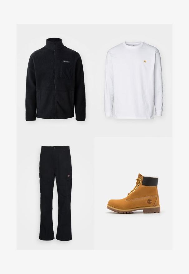 Sort fleecejakke med høj hals, fuld frontlynlås og lynlås-lomme på brystet. Tekstureret, blødt stof med minimale sømme.; Hvid langærmet t-shirt lavet af bomuld. Har et lille gyldent logo på brystet og en rund halsudskæring. Enkel design og standard pasform.; Sorte cargo bukser med lige ben-design, fremstillet af slidstærkt stof, med sidelommer og et patch-logo på venstre side.; Brune læder ankelstøvle med metaløjer, hvid pelsforing, sort polstret krave, robust sål og præget logo på siden.