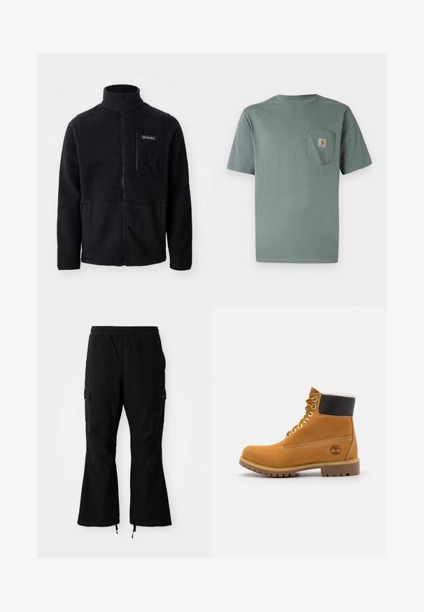 Zwarte fleece jas met hoge kraag, volledige ritssluiting aan de voorkant en een ritszak op de borst. Geweven, zachte stof met minimale naden.; Lichtgroen katoenen T-shirt met korte mouwen en een borstzakje met een logo. Zachte textuur en klassieke ronde hals.; Zwarte cargobroek met een elastische tailleband, uitgerust met zijzakken en flared pijpen met ritssluitingen bij de manchetten, weergegeven tegen een witte achtergrond.; Bruine leren enkellaars met metalen oogjes, witte faux bont voering, zwarte gewatteerde kraag, robuuste zool en een reliëflogo aan de zijkant.