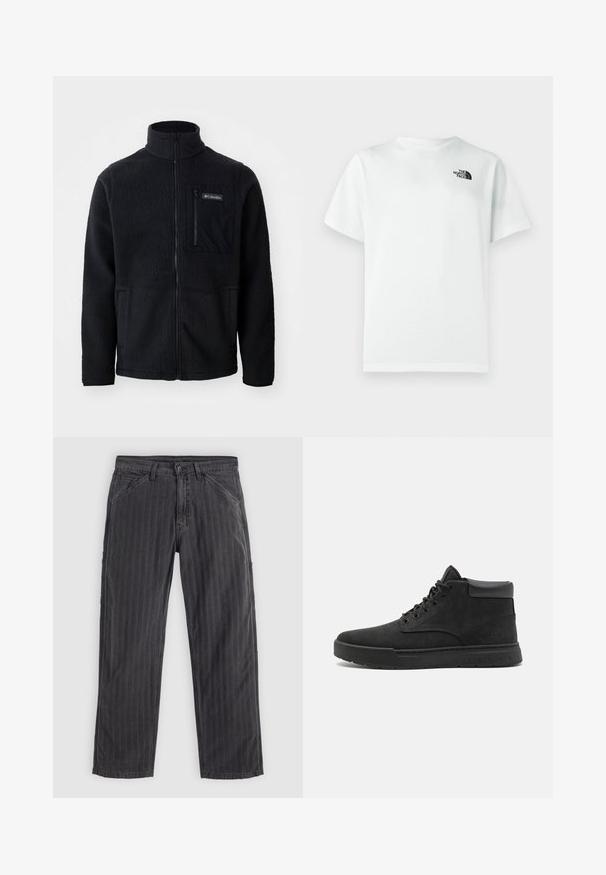 Zwarte fleece jas met hoge kraag, volledige ritssluiting aan de voorkant en een ritszak op de borst. Geweven, zachte stof met minimale naden.; Wit katoenen T-shirt met korte mouwen en een ronde hals, met een klein zwart logo op de linkerborst. Soepele textuur.; Zwart gestreepte broek van een katoenmix. Heeft een recht model, zijzakken en een knoopsluiting.; Zwarte suède enkellaarsjes met ronde neus, rubberen zool en veters. Voorzien van een gladde zwarte leren hakaccent en subtiele logo details aan de zijkant.