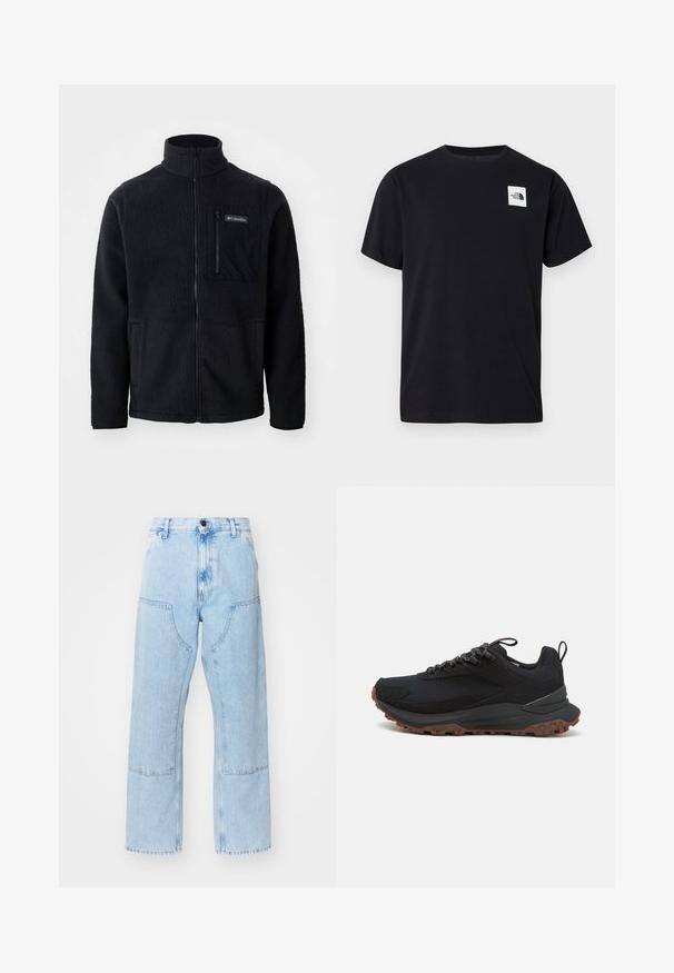 Sort fleecejakke med høj hals, fuld frontlynlås og lynlås-lomme på brystet. Tekstureret, blødt stof med minimale sømme.; Sort bomuld T-shirt med rund halsudskæring, korte ærmer og et hvidt firkantet logo på venstre bryst med et bjergdesign.; Lyseblå, lige ben denim jeans med store forlommer og kontraststing. Stoffet har en lysnet, blød tekstur.; Sort atletisk sko med en overdel af mesh og ruskind, gummiydersål, teksturerede paneler og kontrasterende brune skridsikre knopper. Har reflekterende detaljer.
