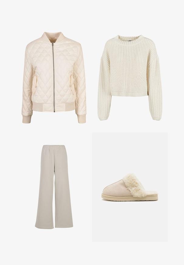 Veste bomber crème matelassée avec col et poignets côtelés, dotée de deux poches latérales avec fermetures à pression et d'une fermeture éclair sur le devant.; Pull en tricot crémeux avec un col rond, des manches larges, des poignets côtelés et un motif texturé. Design court.; Pantalons de survêtement large beige clair en matériau doux, avec une taille élastique et un ourlet droit et soigné.; Bianco BIASWEETIE SLIPPER - Chaussons - beige