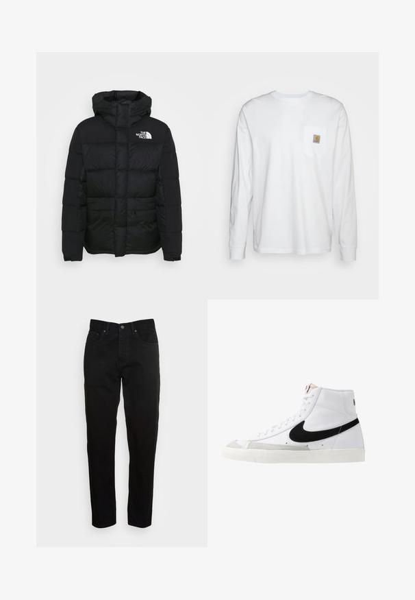 Chaqueta acolchada negra con capucha, que presenta un diseño acolchado y un logo en el lado izquierdo del pecho. Fabricada en nailon con una textura suave.; Camisa blanca de manga larga hecha de algodón, con un bolsillo en el pecho que lleva un parche de logo cuadrado. Diseño sencillo con escote redondeado y mangas con puños.; Jeans negros ajustados con cierre de botón frontal y diseño de cinco bolsillos, mostrados sobre un fondo gris claro liso.; Zapatillas altas blancas con un swoosh negro, una puntera texturizada en gris y suela plana blanca. Presenta seis ojales y acentos cosidos.