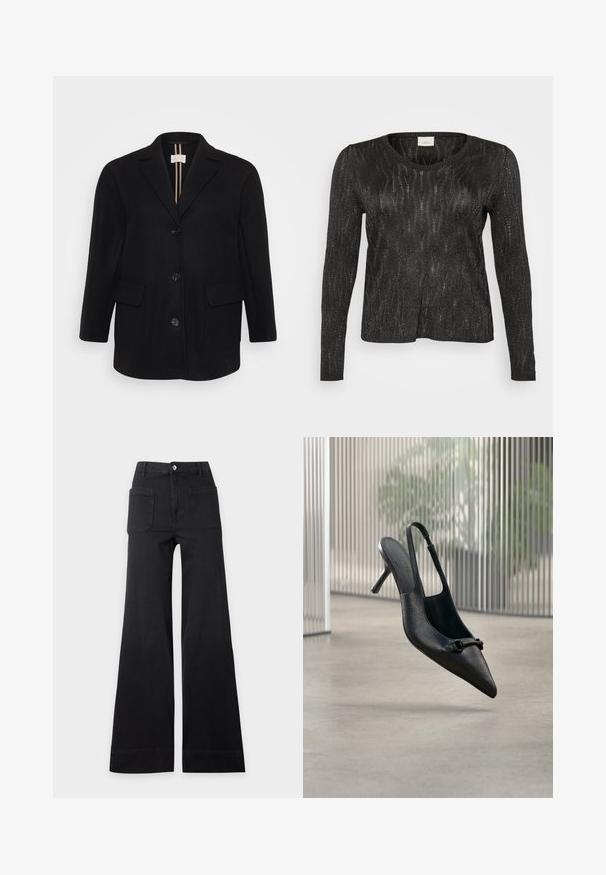 Sort uldblandet frakke med spidse klapper, frontlukning med knapper, to frontlommer og en glat tekstur. Lodrette striber på den indre foer.; Sort langærmet sweater med et struktureret, glitrende design. Har rund halsudskæring og ribbede kanter ved nederdelen og ærmerne. Letvægtsmateriale.; Sorte bukser med høj talje og vide ben med frontlommer med lap og knaplukning, lagt fladt på en ensartet lys baggrund.; Sort tekstureret læder slingback højhælet sko med spids tå og lille dekorativ spænde, svævende over en glat gulv.