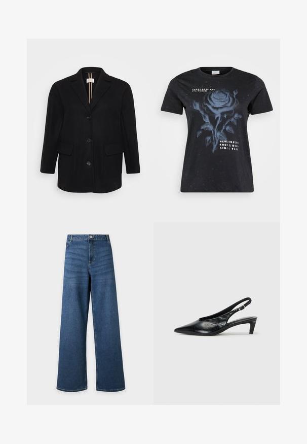 Abrigo de mezcla de lana negro con solapa muescada, cierre delantero de botones, dos bolsillos delanteros y una textura suave. Rayas verticales en el forro interior.; ONLY Carmakoma CARMIKO WASHED SS REG TEE JRS - Camiseta estampada - black; Vaqueros vaqueros azules de pierna ancha con cierre frontal de botón y cremallera, bolsillos delanteros y trabillas para el cinturón, mostrados extendidos sobre un fondo claro.; Tacón de piel negra tipo slingback con punta afilada, tacón bajo tipo kitten y correa ajustable con hebilla. Textura suave con un detalle mínimo.