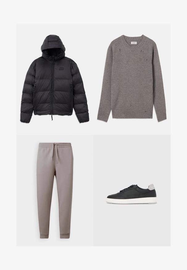 Schwarze Pufferjacke mit Kapuze, die eine kastige Form, gepolsterte Abschnitte, Reißverschlusstaschen und ein kleines Logo-Patch auf der Brust hat.; Grauer Strickpullover mit Rundhalsausschnitt, gerippten Bündchen und Saum, der subtile Used-Details an den Schultern und am unteren Rand aufweist.; Hellgraue Sweatpants aus weichem Material, mit einem elastischen Bund und Kordelzug, schmal zulaufenden Bündchen und Seitentaschen.; Schwarzer Low-Top-Sneaker mit weißer Sohle und grauem Fersenlaschen, Seitenansicht vor einem weißen Hintergrund.