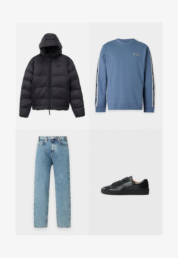 Schwarze Pufferjacke mit Kapuze, die eine kastige Form, gepolsterte Abschnitte, Reißverschlusstaschen und ein kleines Logo-Patch auf der Brust hat.; Blaues Sweatshirt mit langen Ärmeln und Rundhalsausschnitt mit EA7 Emporio Armani-Logo auf der Brust und gebrandetem Tape, das entlang beider Ärmel verläuft.; Hellblaue Denim-Jeans mit geradem Bein Schnitt, fünf Taschen und Messing-Knopfverschluss. Der Stoff hat eine leicht strukturierte, verblasste Optik.; Schwarze Leder-Sneaker mit glatter Textur, runder Zehenpartie und Schnürverschluss. Verfügt über eine dicke Gummisohle und minimalistische Marken-Details.
