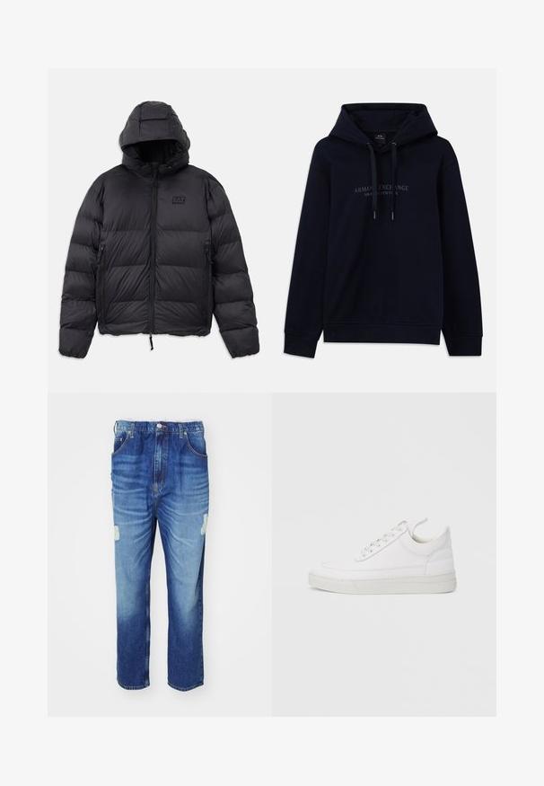 Sort pufferjakke med hætte, der har en firkantet form, quiltede sektioner, lynlåslommer og et lille logo-patch på brystet.; Marineblå hoodie med snoretræk og "Armani Exchange Milano / New York" trykt på brystet, med ribbede manchetter og kant.; Blå denim jeans med en falmet vask, der har et slidt knæområde, fem lommer og en lige ben-design.; Hvid lædersneaker med rundet tå, flad sål og snørebånd foran. Har syningsdetaljer og polstret krave for komfort.