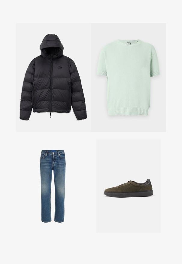 Zwarte pufferjack met capuchon, met een boxy vorm, gestikte secties, ritssluitingen zakken en een klein logopatch op de borst.; Lichtgroene korte mouw trui van gebreide stof met geribbelde boorden aan de mouwen, zoom en een ronde hals, gemaakt van getextureerde stof.; Blauwe spijkerbroek met rechte snit, lichte vervaging op de bovenbenen, vijf-pocket ontwerp, metalen knoopsluiting en gestikte zomen.; Olijfgroene suède sneakers met zwarte leren accenten en veters, voorzien van een gestructureerd oppervlak en een dikke zwarte rubberen zool.