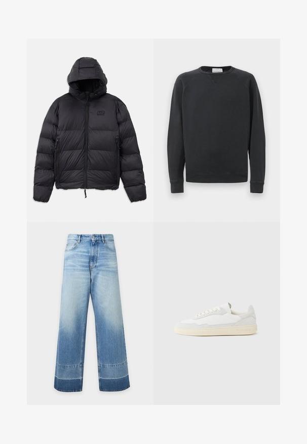 Mustapuffatakki hupulla, joka on laatikkomuotoinen, tikattu osioilla, vetoketjulliset taskut ja pieni logopatch rinnan kohdalla.; Musta pitkähihaisen crewneck-hupparin, jossa on ribbireunat hihoissa ja helmassa, hienovarainen V-ommeltaito kauluksen alla sekä brändilogo kaula-aukossa.; Leveälahkeiset vaaleansiniset farkut, joissa haalistuneita yksityiskohtia ja tummempia värialueita lahkeen läheisyydessä, edessä nappi ja näkyvät taskut.; Valkoinen lenkkari, jossa on teksturoitu mokka- ja nahkapäällinen. Siinä on pyöreä kärki, nauhallinen suljenta ja vastavärinen beigen sävyinen kumipohja.