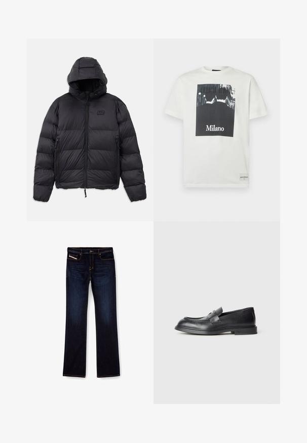 Schwarze Pufferjacke mit Kapuze, die eine kastige Form, gepolsterte Abschnitte, Reißverschlusstaschen und ein kleines Logo-Patch auf der Brust hat.; Weißes Baumwoll-T-Shirt mit einem schwarz-weißen Grafikdruck, Text "Emporio Armani" und "Milano" in Schwarz in der Mitte, kurze Ärmel.; Dunkelblaue Jeans aus Denim mit geradem Bein, ausgestattet mit orangefarbenen Nähten, einem Reißverschluss und Vordertaschen. Glatte Textur und Standardbund.; Schwarze Lederloafer mit strukturierter Oberfläche, versehen mit einem dekorativen Frontriemen und einer abgerundeten Spitze. Gummisohle für Langlebigkeit.