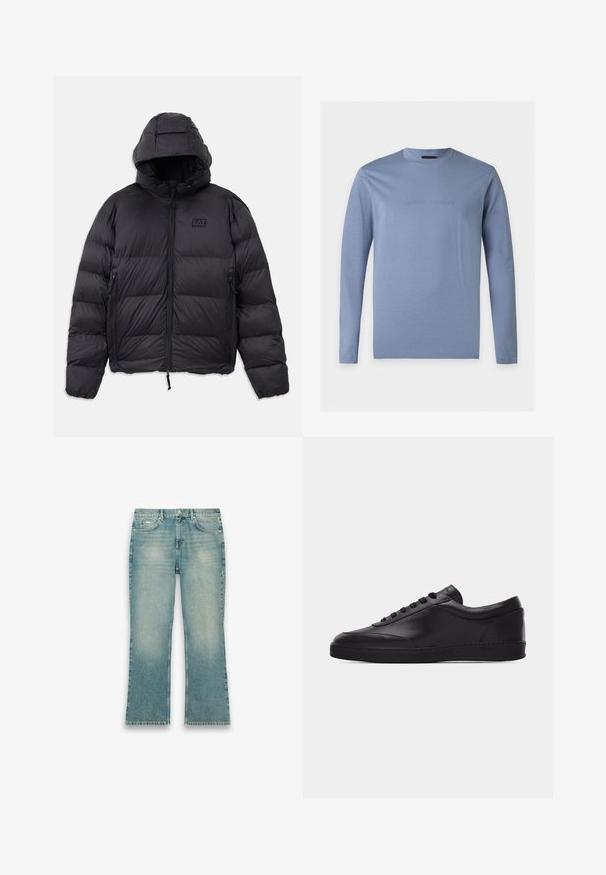 Sort pufferjakke med hætte, der har en firkantet form, quiltede sektioner, lynlåslommer og et lille logo-patch på brystet.; Langærmet lyseblå T-shirt med rund hals og præget Emporio Armani-logo centreret på brystet mod en hvid baggrund.; Lyseblå denimjeans med let falmet effekt, lige ben, knaplukning foran og femlomme-stil på hvid baggrund.; Sort lavtstående lædersneaker med snørebånd foran og flad gummisål, vist fra siden på en ensartet hvid baggrund.