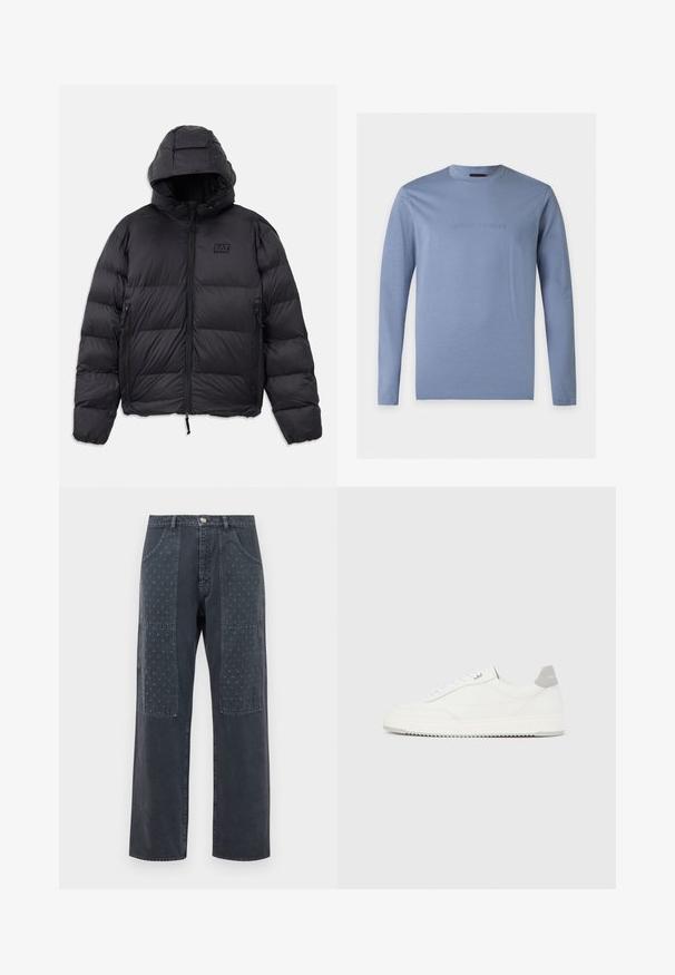 Schwarze Pufferjacke mit Kapuze, die eine kastige Form, gepolsterte Abschnitte, Reißverschlusstaschen und ein kleines Logo-Patch auf der Brust hat.; Hellblaues Langarmshirt mit Rundhalsausschnitt und geprägtem Emporio Armani-Logo mittig auf der Brust vor weißem Hintergrund.; Dunkelgraue Jeans mit weitem Bein, die auf der Vorderseite dekorative Patches mit dezentem floralem Muster und klassischen Taschenverzierungen aufweisen.; Weißer Sneaker mit niedrigem Schaft, grauem Fersenlaschen, weißen Schnürsenkeln und einer strukturierten Sohle, dargestellt vor einem schlichten hellen Hintergrund.