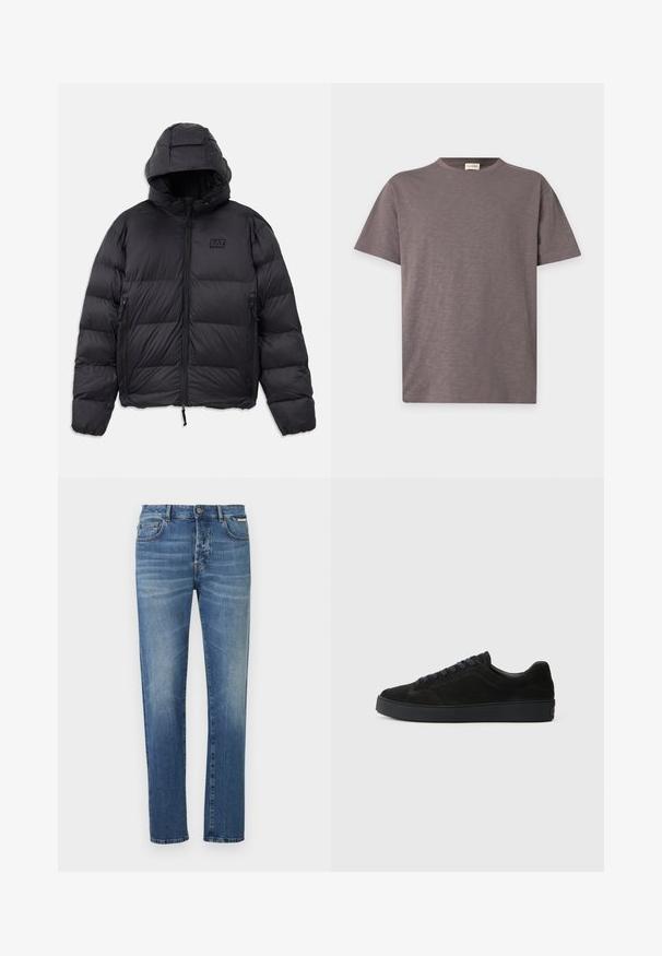 Sort pufferjakke med hætte, der har en firkantet form, quiltede sektioner, lynlåslommer og et lille logo-patch på brystet.; Plain kortærmet crew-neck t-shirt i dæmpet brun farve med subtil tekstur og lille logo nær nederste højre side.; Blå denimjeans med lige ben, der har fem-lomme-design, falmet mønster og metal knaplukning i taljen.; Sort semsket sneakers med en flad, tekstureret sål, rund tå, seks snørrehuller og et minimalistisk design.
