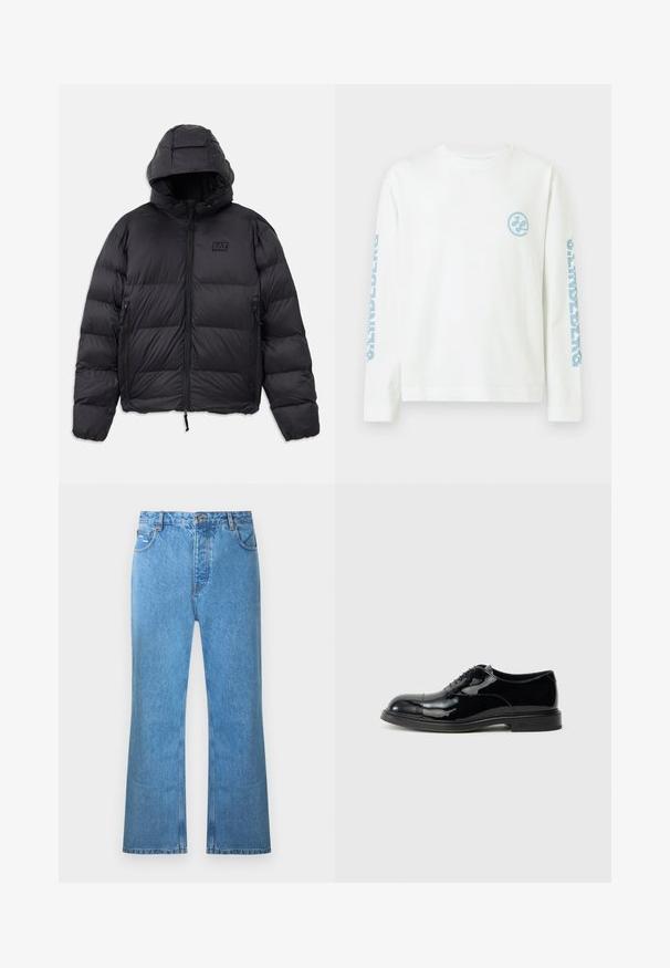 Schwarze Pufferjacke mit Kapuze, die eine kastige Form, gepolsterte Abschnitte, Reißverschlusstaschen und ein kleines Logo-Patch auf der Brust hat.; Weißes langärmeliges Hemd mit hellblauem, kreisförmigem Logo auf der linken Brust und dem Wort "ORIGINALS", das in Hellblau vertikal auf beiden Ärmeln gedruckt ist.; Hellblaue Denim-Jeans mit ausgestelltem Bein, hoher Taille, fünf Taschen und dezentem Ausbleichen. Verfügt über Ziernähten und einen Knopfverschluss.; Schwarzer Oxford-Schuh aus lackiertem Leder mit glatter Textur, abgerundeter Spitze und dünnen Schnürsenkeln. Verfügt über einen geschichteten Absatz und minimalistische Nähte.