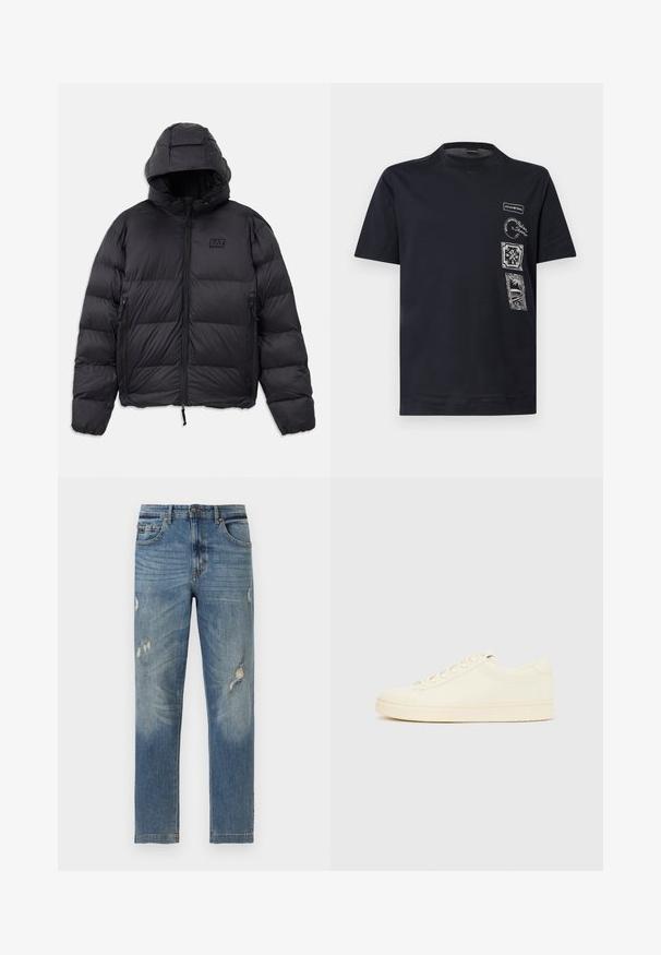 Schwarze Pufferjacke mit Kapuze, die eine kastige Form, gepolsterte Abschnitte, Reißverschlusstaschen und ein kleines Logo-Patch auf der Brust hat.; Schwarzes T-Shirt mit kurzen Ärmeln und rundem Ausschnitt, mit vier weißen grafischen Aufnähern mit Text und Designs auf der oberen linken Vorderseite.; Blaue Jeans mit geradem Bein, mit ausgewaschenem Look und abgenutzten Rissen an Oberschenkeln und Knien, ausgestattet mit Vorder- und Gesäßtaschen sowie Gürtelschlaufen.; Cremefarbener Sneaker mit glattem Lederoberteil, abgerundeter Zehenpartie, Schnürung vorne und strukturierter Gummisohle. Minimalistisches Design, ohne Logos.