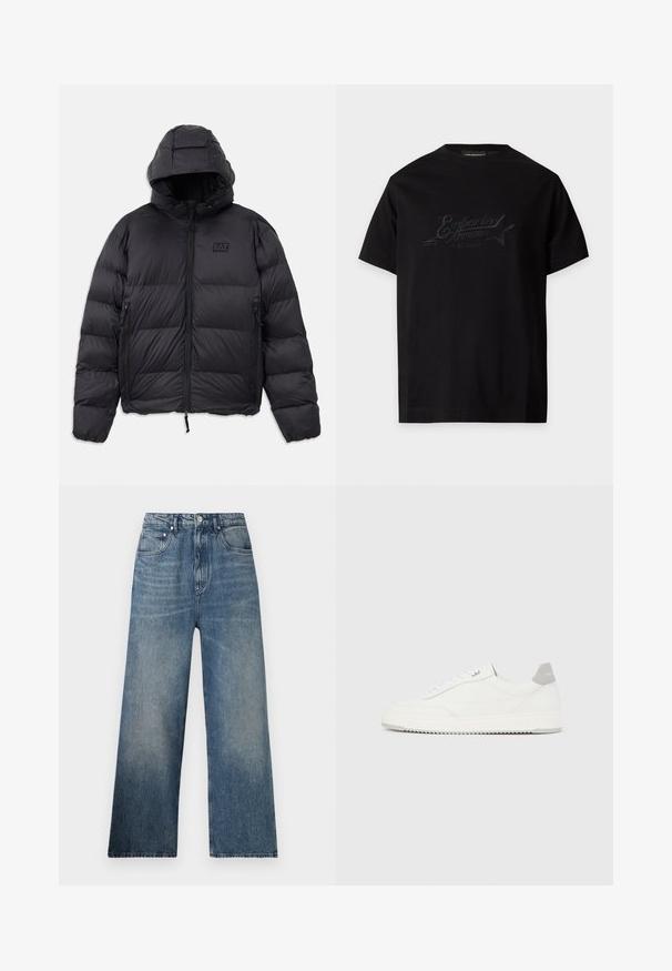 Schwarze Pufferjacke mit Kapuze, die eine kastige Form, gepolsterte Abschnitte, Reißverschlusstaschen und ein kleines Logo-Patch auf der Brust hat.; Schwarzes kurzärmeliges T-Shirt mit dezentem, schwarzem, besticktem Emporio Armani Music District Logo und Stern auf der Brust.; Blaue Denim-Hosen mit weitem Bein und hohem Bund, mit subtilen Verfärbungen, fünf Taschen und einem Metallknopfverschluss vorne.; Weißer Sneaker mit niedrigem Schaft, grauem Fersenlaschen, weißen Schnürsenkeln und einer strukturierten Sohle, dargestellt vor einem schlichten hellen Hintergrund.