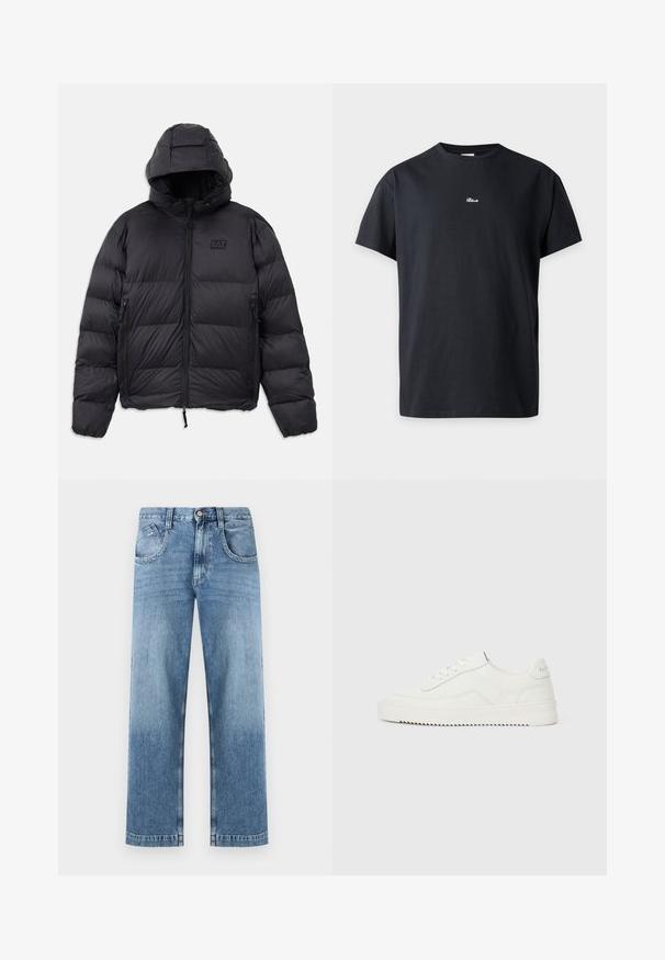 Zwarte pufferjack met capuchon, met een boxy vorm, gestikte secties, ritssluitingen zakken en een klein logopatch op de borst.; Zwarte T-shirt met korte mouwen en ronde hals met klein wit "Bluvie" logo in het midden van de borst, getoond op een effen lichte achtergrond.; Blauwe denim spijkerbroek met rechte pijpen, voorzien van een knoop- en ritssluiting aan de voorkant, voorzakken en een licht verweerde wash effect.; Lage witte leren sneaker met vetersluiting, gestructureerd hielstuk en licht geribde witte rubberen zool op een effen lichte achtergrond.