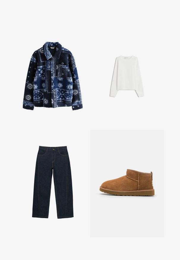 Námornícky fleece kabát s textúrovaným, nadýchaným povrchom, ktorý obsahuje geometrický vzor v svetlejších odtieňoch a golier, s jednou vreckom na hrudi.; Biely pletený sveter s dlhými rukávmi, okrúhlym výstrihom, rebrovanými manžetami a spodným lemom. Mäkká textúra, voľný strih, bez viditeľných vzorov alebo akcentov.; Tmavomodré široké rifle z denimu s kontrastným oranžovým prešívaním, piatimi vreckami, zapínaním na gombík a pásom so stredným pásom.; Svetlohnedé semišové kotníkové boty s kulatou špičkou, jemnými stehy a texturovanou gumovou podrážkou. Krátká výška bez šněrování.