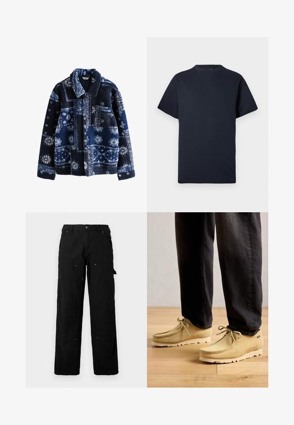 Námornícky fleece kabát s textúrovaným, nadýchaným povrchom, ktorý obsahuje geometrický vzor v svetlejších odtieňoch a golier, s jednou vreckom na hrudi.; Jednoduché námornícky modré tričko s krátkym rukávom a okrúhlym výstrihom s voľným strihom na bielom pozadí.; Čierne cargo nohavice vyrobené z odolného materiálu, ktoré majú viacero vreciek, uvoľnený strih, viditeľné prešívanie a detaily so zacvakávacími gombíkmi.; Béžové semišové šnurovacie topánky nosené s čiernymi nohavicami na drevenej podlahe, ukazujúce neformálny a pohodlný štýl.