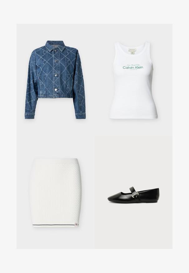 Veste en denim raccourcie bleu foncé avec un motif matelassé en losanges, fermetures à boutons et col pointu. Détail cousu visible.; Débardeur Calvin Klein blanc côtelé sans manches avec texte vert « New York City Calvin Klein Established 1968 » sur le devant.; Jupe en maille blanche présentant un motif torsadé texturé, une taille élastique, et une bande marine le long de l'ourlet inférieur avec un petit détail de logo de la marque.; Chaussure plate Mary Jane en cuir noir avec bout arrondi et bride à boucle argentée sur fond uni.