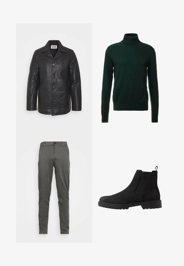 Veste en cuir noir avec un col, fermeture à boutons à l'avant, poches latérales et texture lisse. Coupe ajustée avec des lignes nettes.; Pull à col roulé vert foncé fabriqué en tissu tricoté lisse. Il possède des manches longues et un col ajusté. Design classique, sans motifs.; Pantalons en motif chevrons gris avec une coupe droite, dotés d'une fermeture à bouton à l'avant et de poches sur les côtés. Fabriqués en tissu texturé.; Pier One by Zalando UNISEX - Bottines - black