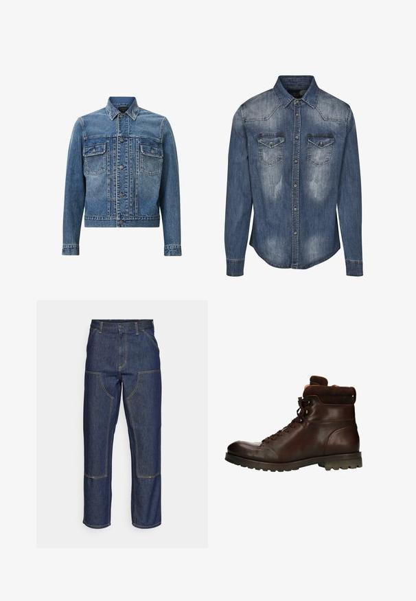 Blauwe denimjas met een klassiek ontwerp, twee voorzakken, knoopsluiting en lichte vervaging voor textuur en detail.; Denim overhemd in donkerblauw met een klassieke kraag, lange mouwen, twee borstzakken, vervaagde textuur en knopen in de voorkant.; Donkerblauwe denim jeans met een hoge taille, rechte pijpen, contrasterende stiksels en opgestikte zakken aan de voorkant.; Manfield MIT HOHEM SCHAFT - Veterboots - brown