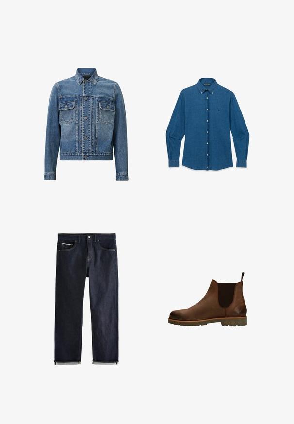 Blauwe denimjas met een klassiek ontwerp, twee voorzakken, knoopsluiting en lichte vervaging voor textuur en detail.; Blauw denim overhemd met lange mouwen, knoopsluiting, een puntige kraag en een klein geborduurd logo op de linkerborst.; Donkerblauwe spijkerbroek met een klassieke rechte pasvorm, voorzien van vijf zakken, een knoopsluiting en opgerolde boorden met een lichtblauwe voering.; Bruine leren Chelsea-boot met elastische zijpanelen, ronde neus en getextureerde rubberen zool. Voorzien van een trekhaak voor gemakkelijk aan- en uittrekken.