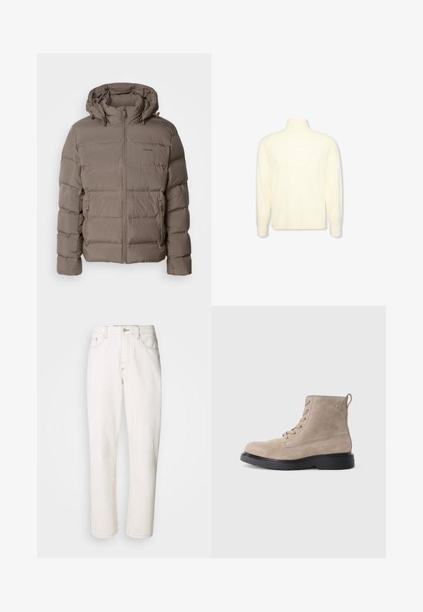 Veste rembourrée en beige doux, dotée d'une capuche, d'une fermeture éclair à l'avant et de poches zippées sur les côtés. Fabriquée en matériau matelassé et rembourré pour la chaleur.; Pull col roulé crème à manches longues avec des poignets côtelés et un logo discret sur la poitrine, présenté sur un fond blanc uni.; Jean en denim blanc avec une coupe droite, présentant des coutures piquées, un bouton en métal et une construction classique à cinq poches.; Bottines en daim beige avec semelle en caoutchouc noir, design à lacets, et un petit logo embossé sur le côté, avec une languette à l'arrière.