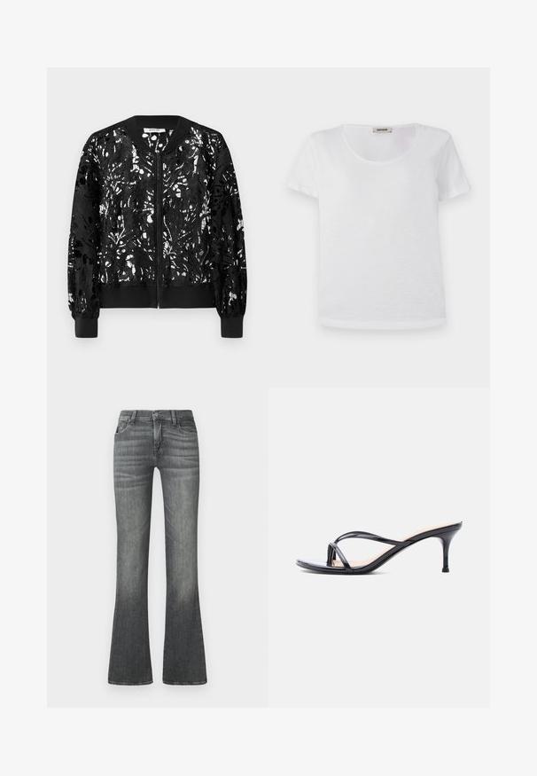 Veste bomber noire avec overlay en dentelle texturée, fermeture éclair, poignets et ourlet côtelés. Motifs complexes sur tout le tissu.; T-shirt blanc à manches courtes en tissu doux, avec un col rond et un ourlet droit sans motifs ni accents visibles.; Jean gris évasé en denim, avec une taille mi-haute, un léger délavage et un design classique à cinq poches.; Sandale à talon en cuir verni noir avec fines lanières croisées et talon aiguille moyen et élancé sur fond blanc.