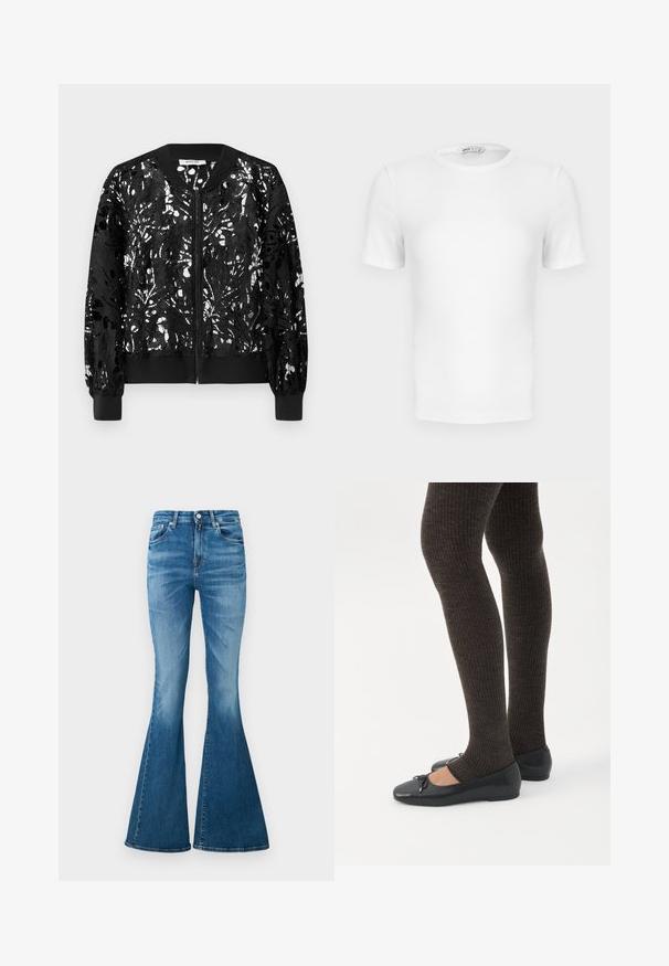 Veste bomber noire avec overlay en dentelle texturée, fermeture éclair, poignets et ourlet côtelés. Motifs complexes sur tout le tissu.; T-shirt blanc à manches courtes, côtelé, col rond avec une coupe ajustée et une petite étiquette de marque à l'intérieur du col.; Jeans évasés en denim de poids moyen, à taille haute, de couleur bleu clair, avec un léger délavage et un design classique à cinq poches.; Jambes portant des leggings côtelés foncés associés à des ballerines noires avec de petits détails en nœud sur fond blanc.