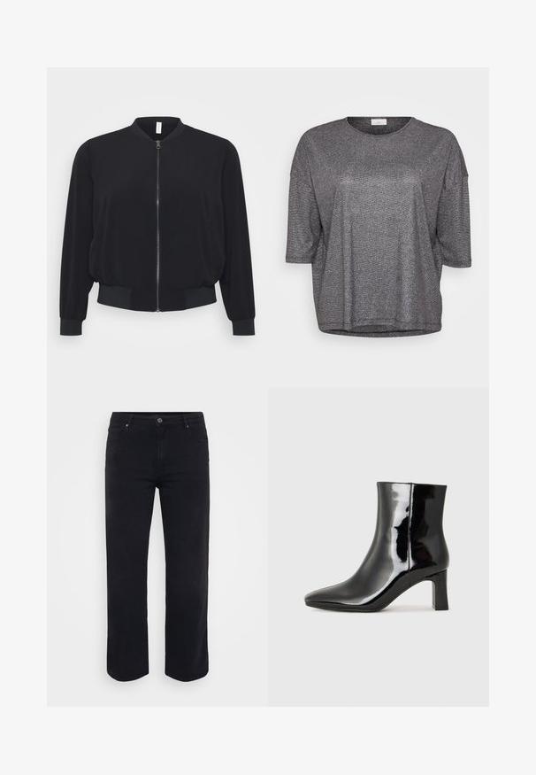 Chaqueta bomber negra hecha de un tejido ligero, con cremallera frontal, puños y dobladillo acanalados, y un diseño clásico de cuello redondo.; Top corto de manga corta en metalizado gris con escote redondo y corte holgado. Presenta una textura lisa y brillante con un sutil efecto de brillo.; Jeans de denim negro con un diseño de pierna recta. Las características incluyen un cierre de botón en la cintura, trabillas para cinturón y bolsillos delanteros y traseros. Textura suave.; Botín de charol negro con punta afilada y un tacón de bloque de altura media. Textura suave y diseño minimalista.