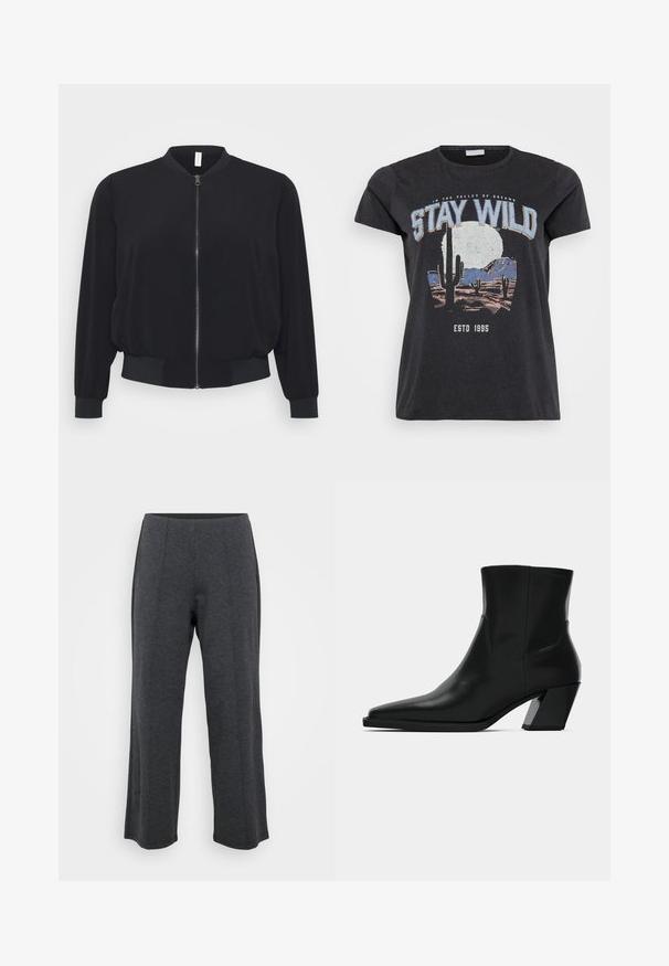 Chaqueta bomber negra hecha de un tejido ligero, con cremallera frontal, puños y dobladillo acanalados, y un diseño clásico de cuello redondo.; Camiseta de algodón negra con un estampado gráfico de una escena del desierto con cactus, una luna y la frase "MANTENTE SALVAJE" en letras azules.; Pantalones de pierna ancha en gris oscuro, hechos de una tela suave y elástica. Presentan una cinturilla suave y un frente plano con pliegues sutiles para un detalle adicional.; Bota de tobillo de cuero negro con punta afilada, una silueta elegante y un tacón cuadrado grueso. Textura suave con detalles de costura mínimos.