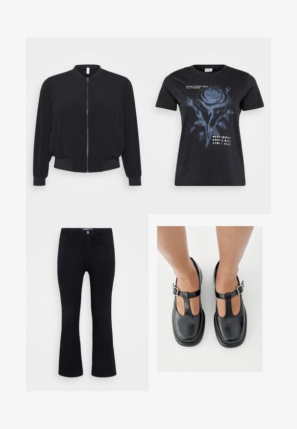 Schwarze Bomberjacke aus leichtem Material, mit einem Frontreißverschluss, gerippten Bündchen und Saum sowie einem klassischen Rundhalsdesign.; ONLY Carmakoma CARMIKO WASHED SS REG TEE JRS - T-Shirt print - black; ONLY Carmakoma Flared fit CARTHUNDER Mid waist - Flared Jeans - black denim; Schwarze Lederschuhe mit T-Riemen-Design, geschlossenem Zehenbereich und silbernen Schnallenakzenten. Glatte Textur mit rundem Zehenbereich und flacher Sohle.