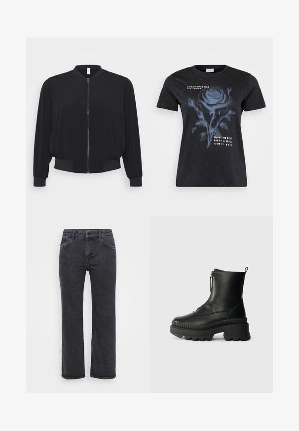 Sort bomberjakke lavet af letvægtsstof, med en frontlynlås, ribbede manchetter og kant, samt et klassisk rundhalsdesign.; ONLY Carmakoma CARMIKO WASHED SS REG TEE JRS - T-shirts print - black; Sorte denim jeans med lige ben design, fem lommer og knaplukning. Stoffet har en let falmet tekstur og robust syning.; Sorte læder ankelstøvler med lynlås, tyk gummisål, ribbet detaljer omkring sålen, og en løkke bagpå.