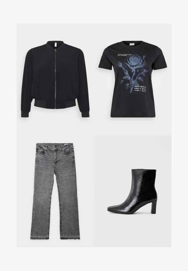 Mustast bomber-jakk tehtud kergest kangast, mis sisaldab ees olevat lukku, soonikuga mansette ja hemmi, ning klassikalist ümmargust kaelust.; ONLY Carmakoma CARMIKO WASHED SS REG TEE JRS - Trükipildiga T-särk - black; Sirge lõikega hallid teksapüksid viie tasku, nähtavate õmbluste, vööaasa, nööbi ja lukuga, asetatud lamedalt valgele taustale.; Mustad muste nahkasaapad, millel on terav varvas ja keskmise paksusega konts, sile tekstuur ja lihtne disain.