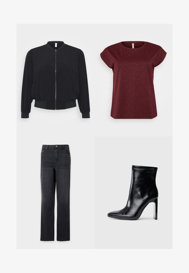 Sort bomberjakke lavet af letvægtsstof, med en frontlynlås, ribbede manchetter og kant, samt et klassisk rundhalsdesign.; Burgundy kortærmet top med rund halsudskæring, lavet af et struktureret stof med subtile glitrende detaljer. Ren, enkel silhuet.; Sorte jeans med lige ben, frontlommer og bæltestropper, vist mod en hvid baggrund.; Sorte læder ankelstøvle med spidse tæer og høj klar hæl. Glat tekstur og minimal syning på overmaterialet.