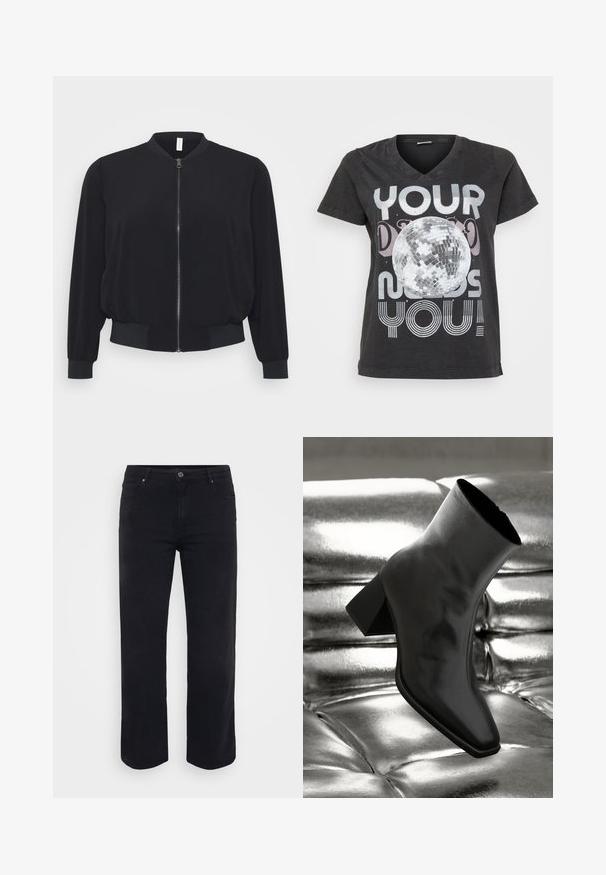 Schwarze Bomberjacke aus leichtem Material, mit einem Frontreißverschluss, gerippten Bündchen und Saum sowie einem klassischen Rundhalsdesign.; Schwarzes Baumwoll-T-Shirt mit V-Ausschnitt, kurzen Ärmeln und einem Grafikdesign eines Discokugels mit Text in metallischen und gestreiften Schriftarten.; Schwarze Denim-Jeans mit einem geraden Bein-Design. Merkmale sind ein Knopfverschluss an der Taille, Gürtelschlaufen und Vorder-/Gesäßtaschen. Glatte Textur.; Schwarzer Knöchelstiefel aus glänzendem Material mit quadratischer Zehenform und verjüngtem Absatz, vor einem glänzenden silbernen gepolsterten Hintergrund.