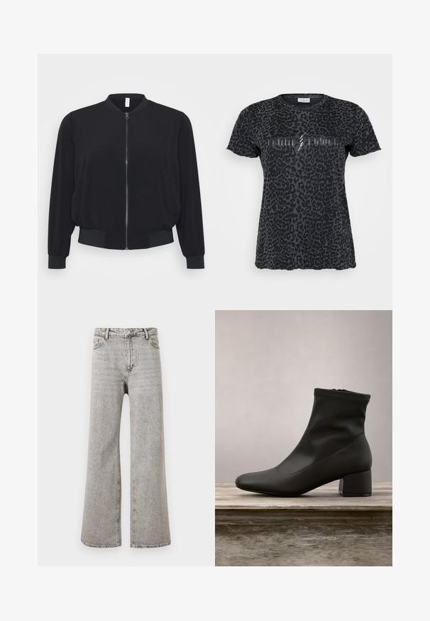 Mustast bomber-jakk tehtud kergest kangast, mis sisaldab ees olevat lukku, soonikuga mansette ja hemmi, ning klassikalist ümmargust kaelust.; ONLY Carmakoma CARMIKO WASHED SS REG TEE JRS - Trükipildiga T-särk - phantom; Kõrge vöökohaga, sirgete jalgadega hallid teksapüksid ees nööbi, tõmbluku ja viie tasku disainiga valgel taustal.; Mustad pahkluu saapad siledast, läikivast nahast viimistlusega, nurga all plokktakat, ja sobiva, elastse ülaosaga, mis loob sujuva silueti.
