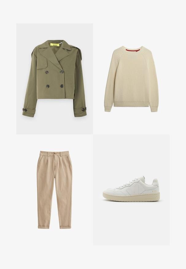 Olivengrøn cropped jakke med dobbeltradet knaplukning, skarpe revers og skulderepauletter. Har to forlommer.; Beige strikket langærmet crew neck sweater med ribbede manchetter og bund, lagt fladt på hvid baggrund.; Beige chinos lavet af let bomuldsstof. Har en tilspidset benform, frontfolder, sidelommer og rullede manchetter. Børstet tekstur.; Hvide lædersneakers med perforeret tåboks, kontrasterende beige gummisål og logoer på siden og hælen. Minimalistisk design.