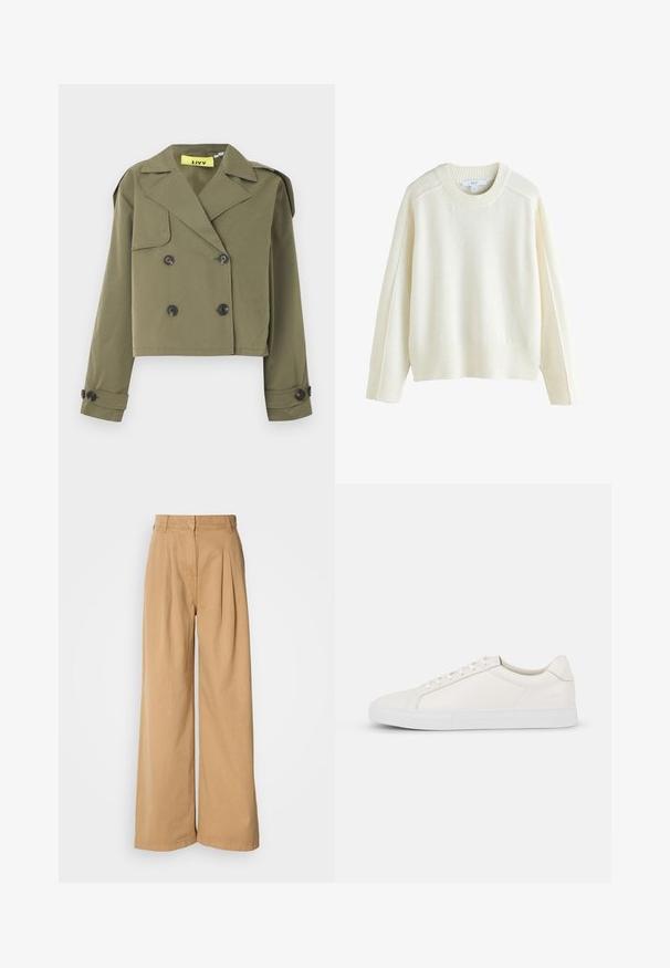 Olivengrøn cropped jakke med dobbeltradet knaplukning, skarpe revers og skulderepauletter. Har to forlommer.; Next CREW NECK - Striktrøje - ecru; Bredde ben bukser i tan bomuld, med folder i taljen, høj talje og en glat tekstur. Ingen synlig hardware eller mønstre.; Hvide lædersneakers med en glat tekstur, rund tå, snørebånd foran og flad gummisål. Enkelt design uden mønstre eller accenter.