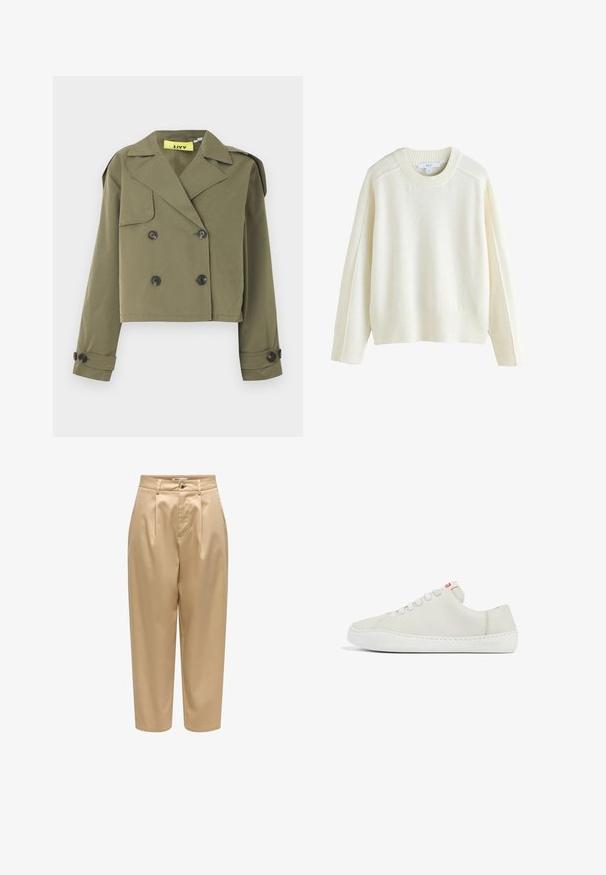 Olivengrøn cropped jakke med dobbeltradet knaplukning, skarpe revers og skulderepauletter. Har to forlommer.; Next CREW NECK - Striktrøje - ecru; Beige højtaljede, plisserede bukser med bæltestropper, sidelommer, knaplukning og tilspidsede, korte ben.; Hvide lædersneakers med lav profil, rund tå, flad snørebåndslukning og hvid gummisål. Udstyret med diskret syning og et lille logo.