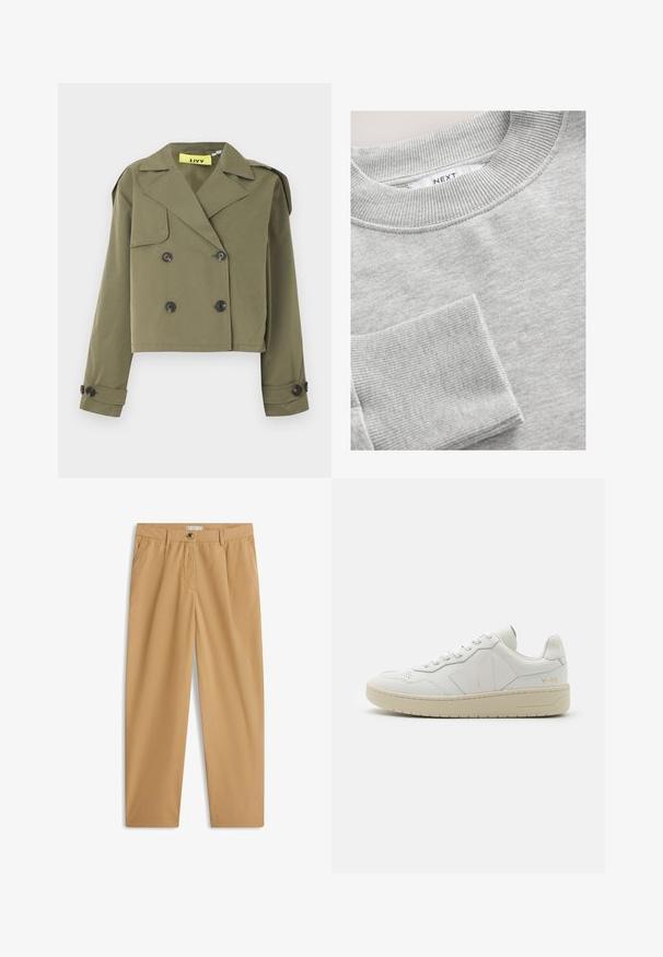 Olivengrøn cropped jakke med dobbeltradet knaplukning, skarpe revers og skulderepauletter. Har to forlommer.; Grå sweatshirt med ribbet krave og manchet. Blød stofstruktur, rund halsudskæring og lille lomme på forsiden. Mærkeetiket synlig.; Beige afslappede bukser med lige ben, sidelommer, bæltestropper, knaplukning og lynlås.; Hvide lædersneakers med perforeret tåboks, kontrasterende beige gummisål og logoer på siden og hælen. Minimalistisk design.
