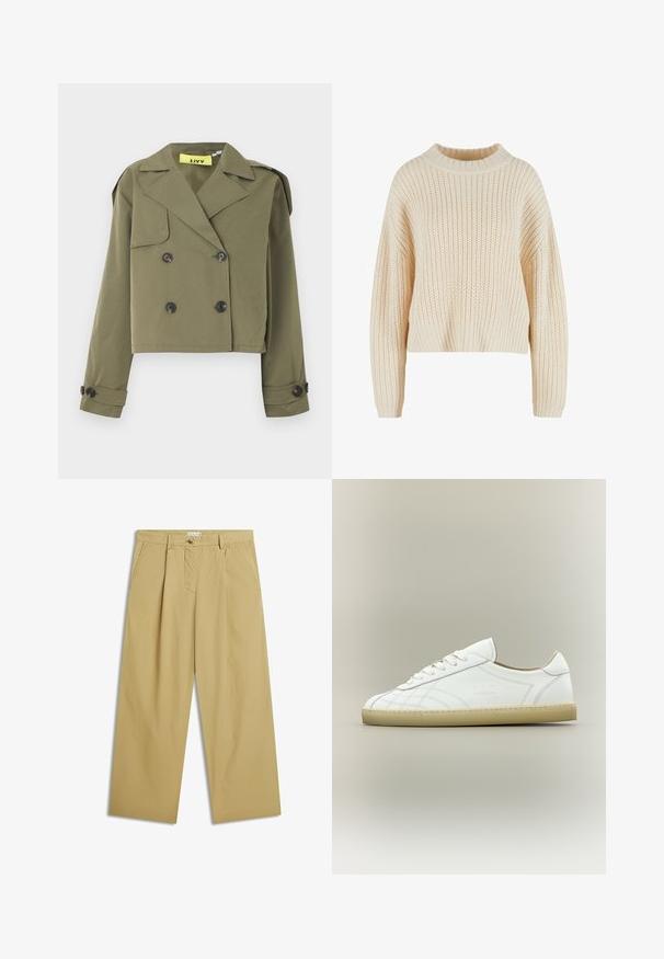 Olivengrøn cropped jakke med dobbeltradet knaplukning, skarpe revers og skulderepauletter. Har to forlommer.; Cremefarvet strikket sweater med høj ribbet krave, brede ærmer og et struktureret mønster hele vejen igennem. Kropet design med ribbet kant.; Beige bukser med vide ben, forplisseringer foran, sidelommer, bæltestropper og knaplukning ved taljen.; Hvid lavtop lædersneaker med beige sål, snøredesign og subtile syede mønstre på neutral baggrund.