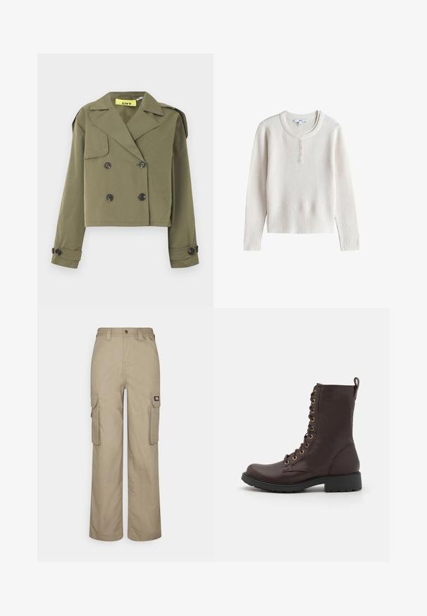 Olivengrøn cropped jakke med dobbeltradet knaplukning, skarpe revers og skulderepauletter. Har to forlommer.; Langærmet cremefarvet ribstrikket sweater med rund hals og fem små knapper på frontstolpen.; Beige cargo bukser lavet af slidstærkt stof, med en afslappet pasform, flere sidelommer og et elastisk liv med knaplukning.; Brune læder snørebåndsstøvler med rund tå, metaløjer og en tekstureret sort gummisål. Har en hælsklud.