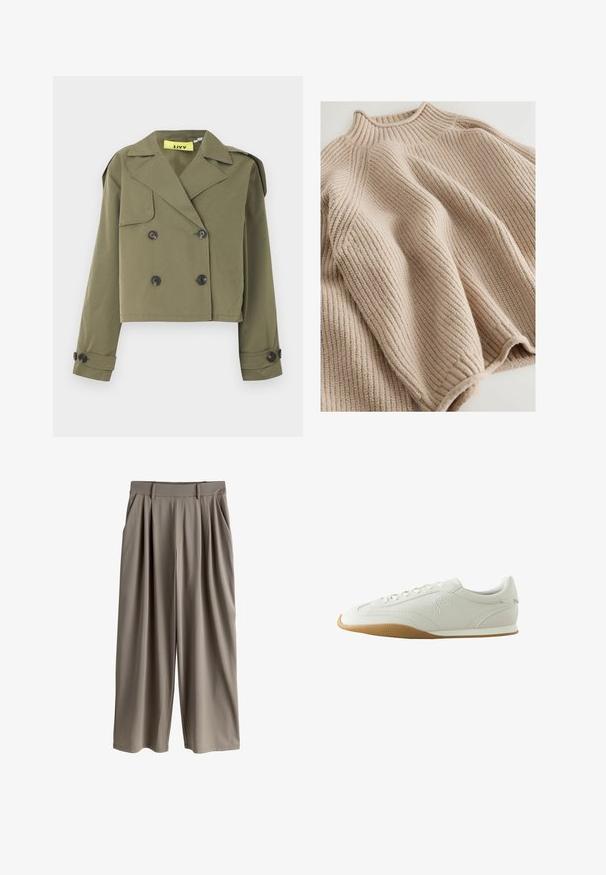 Olivengrøn cropped jakke med dobbeltradet knaplukning, skarpe revers og skulderepauletter. Har to forlommer.; Strikket sweater i lys beige med en ribbestrikket tekstur, udstyret med en høj krave og en bred, afslappet silhuet. Markeret med en struktureret syning.; Beige bukser med vide ben, læg, bæltestropper og sidelommer, designet til en afslappet pasform.; Hvid lav sneaker med brun gummisål, syningsdetaljer, snørelukning foran og broderet logo på siden.