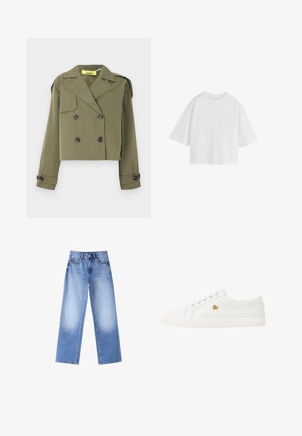 Olivengrøn cropped jakke med dobbeltradet knaplukning, skarpe revers og skulderepauletter. Har to forlommer.; Simpel hvid oversized T-shirt med korte ærmer, rund hals og løs pasform.; Blå denim jeans med høj talje, bredde lige ben og falmede områder på lårene, med frontknapper og lommer på hvid baggrund.; Lauren Ralph Lauren JANSON II CANVAS SNEAKER - Sneakers - optic white