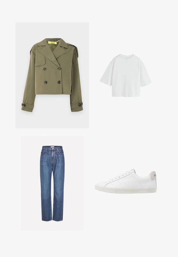 Olivengrøn cropped jakke med dobbeltradet knaplukning, skarpe revers og skulderepauletter. Har to forlommer.; Simpel hvid oversized T-shirt med korte ærmer, rund hals og løs pasform.; Lyseblå denimjeans med lige ben, der har en knaplukning, fem lommer og subtilt falmet stof.; Hvide lædersneakers med en struktureret off-white gummi sål. Funktioner inkluderer snørebånd, diskrete sømme og en grå ruskindsdetalje ved hælen.
