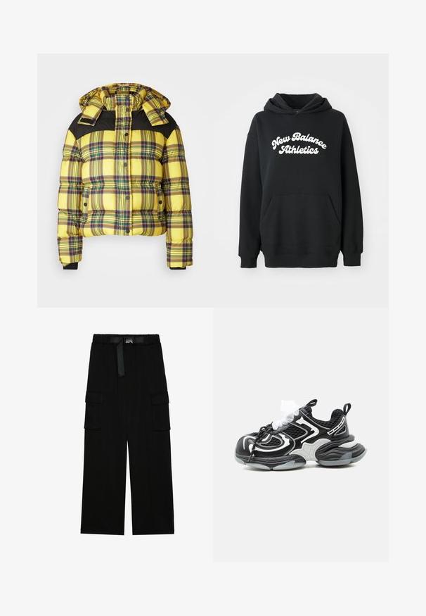 Geel geruiten pufferjack met zwarte schouderaccenten, voorzien van een capuchon, drukknoopsluiting en geribbelde manchetten. Textuurpatroon met ruitjes door het hele jack.; Zwarte hoodie met een voorzak en witte tekst "New Balance Athletics" in een gebogen lettertype over de borst.; Zwarte cargobroek met een wijd gesneden ontwerp, elastische tailleband met een riem, en twee grote zijzakken voor opslag.; Zwart-witte stevige sneaker met mesh bovenwerk, dikke gevoerde zool en tweekleurige veters tegen een effen achtergrond.