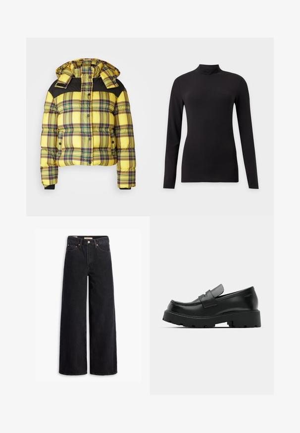 Geel geruiten pufferjack met zwarte schouderaccenten, voorzien van een capuchon, drukknoopsluiting en geribbelde manchetten. Textuurpatroon met ruitjes door het hele jack.; Zwarte aansluitende top met lange mouwen en een opstaande kraag, getoond op een effen lichtgrijze achtergrond.; Zwarte brede jeans gemaakt van denim, met vijf zakken, koperen klinknagels en een klassieke knoopsluiting. Glad van textuur met een strakke uitstraling.; Zwarte leren instappers met een chunky, gestructureerde zool, voorzien van een band over de voet en een gladde, gepolijste afwerking.